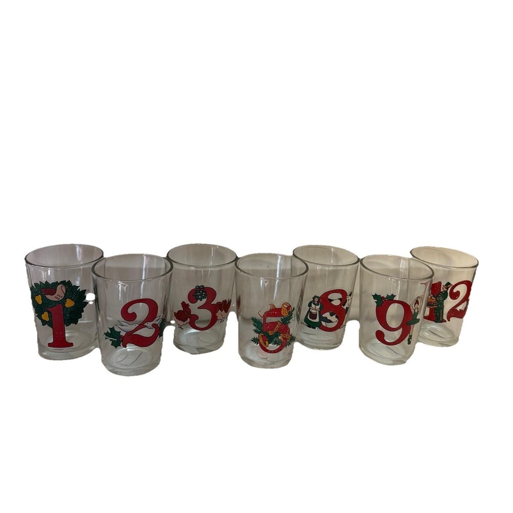 Vtg American Glass 12 Days of Christmas Drinking Glasses 7 (1,2,3,5,8,9,12)